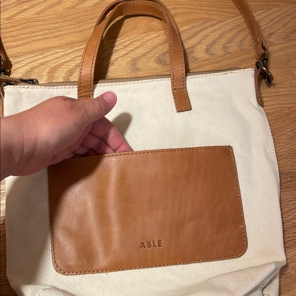 NWOT Able Tan Leather and White Canvas Crossbody Tote Bag - Picture 3 of 11